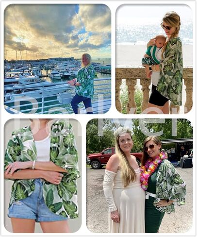 Barlver Women Floral Leaf Kimono Summer Cardigan Sheer Sould Sould Sleeve Beach Shawn Shaffon Cover Up Discal Plouse Tops in Kuwait