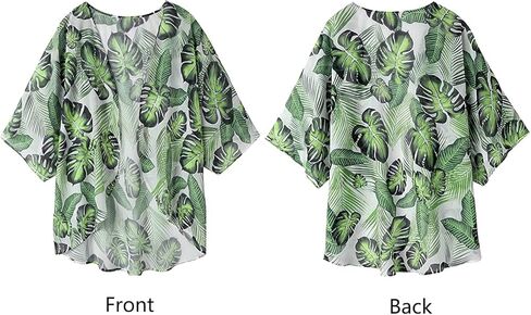 Barlver Women Floral Leaf Kimono Summer Cardigan Sheer Sould Sould Sleeve Beach Shawn Shaffon Cover Up Discal Plouse Tops in Kuwait