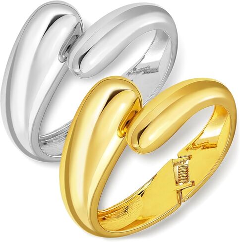 RechicGu 2pcs 14K Gold Plated Cuff Waterdrop Teardrop Bangle Bracelet for Women Gift,Chunky Twisted Hinge irregular Minimalist Wide Thick Gold Open Oval Wrist Bracelet Jewelry Set in Saudi Arabia