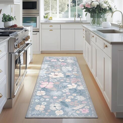 Kitchen Runner Rug 2x6 Washable Non Slip Soft Boho Floral Carpet Runner for Hallways Low Pile Thin Faux Fur Long Area Rug for Bedroom Entrance Patio Laundry Room Bathroom,Pastel Blue in Saudi Arabia