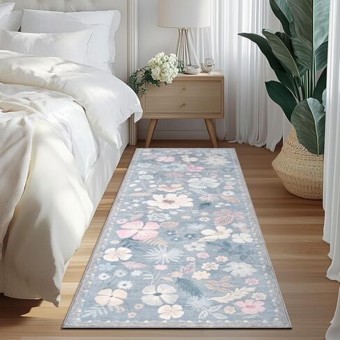 Kitchen Runner Rug 2x6 Washable Non Slip Soft Boho Floral Carpet Runner for Hallways Low Pile Thin Faux Fur Long Area Rug for Bedroom Entrance Patio Laundry Room Bathroom,Pastel Blue in Saudi Arabia