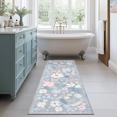 Kitchen Runner Rug 2x6 Washable Non Slip Soft Boho Floral Carpet Runner for Hallways Low Pile Thin Faux Fur Long Area Rug for Bedroom Entrance Patio Laundry Room Bathroom,Pastel Blue in Saudi Arabia