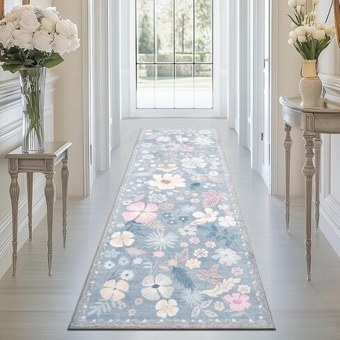 Kitchen Runner Rug 2x6 Washable Non Slip Soft Boho Floral Carpet Runner for Hallways Low Pile Thin Faux Fur Long Area Rug for Bedroom Entrance Patio Laundry Room Bathroom,Pastel Blue in Saudi Arabia