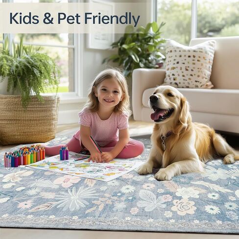 Kitchen Runner Rug 2x6 Washable Non Slip Soft Boho Floral Carpet Runner for Hallways Low Pile Thin Faux Fur Long Area Rug for Bedroom Entrance Patio Laundry Room Bathroom,Pastel Blue in Saudi Arabia