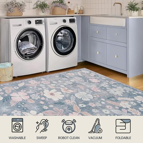 Kitchen Runner Rug 2x6 Washable Non Slip Soft Boho Floral Carpet Runner for Hallways Low Pile Thin Faux Fur Long Area Rug for Bedroom Entrance Patio Laundry Room Bathroom,Pastel Blue in Saudi Arabia