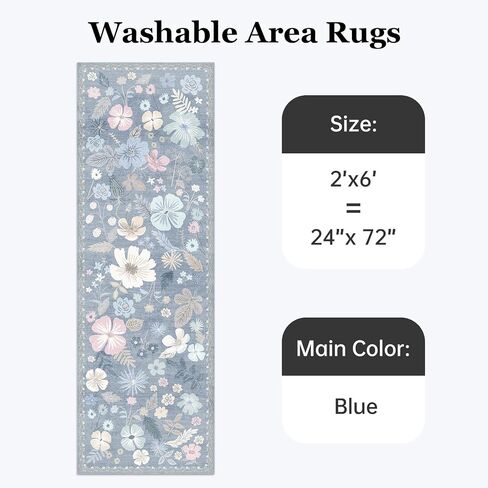 Kitchen Runner Rug 2x6 Washable Non Slip Soft Boho Floral Carpet Runner for Hallways Low Pile Thin Faux Fur Long Area Rug for Bedroom Entrance Patio Laundry Room Bathroom,Pastel Blue in Saudi Arabia