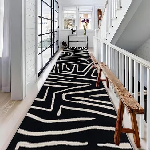 Bohemian Striped Rug, 2x7ft, Indoor Runner Rugs, Hallway Washable Rug,Non-Slip Mat Carpet in Hallways and Entrances, Black and White Abstract Striped Foldabe Runner Carpet。 in Saudi Arabia