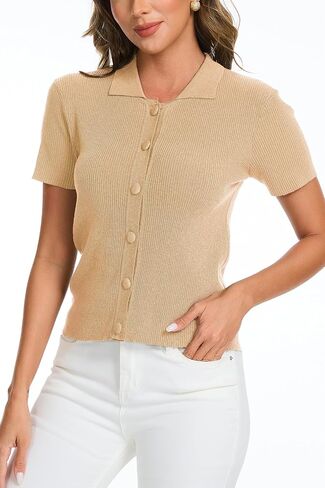 Women's Button Down Short Sleeve Polo T Shirts Ribbed Knit Slim Fitted Basic Summer Top in Kuwait