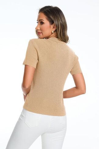 Women's Button Down Short Sleeve Polo T Shirts Ribbed Knit Slim Fitted Basic Summer Top in Kuwait