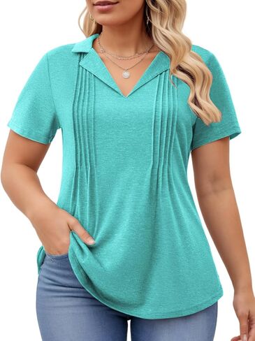 Rosriss plus-size-womens-summer-top-tops polo v neck work tirts لطيف بلوزات مطوية in Saudi Arabia