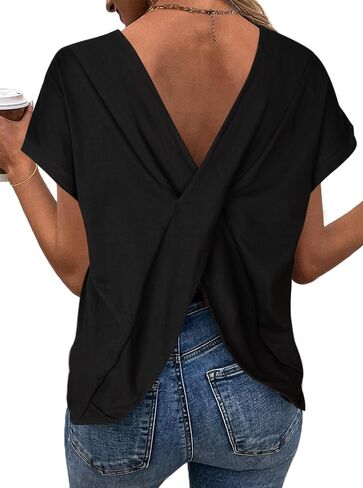 LilyCoco Women's Tie Dye Short Sleeve Shirt Criss Cross Back Tops Casual Loose Tee in Saudi Arabia