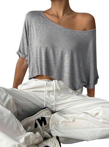 Remidoo Womens قبالة الكتف قصيرة الأكمام أعلى محصول العنق غير متماثل الرقبة فضفاضة in Kuwait