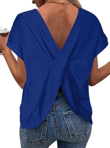 LilyCoco Women's Tie Dye Short Sleeve Shirt Criss Cross Back Tops Casual Loose Tee in Kuwait