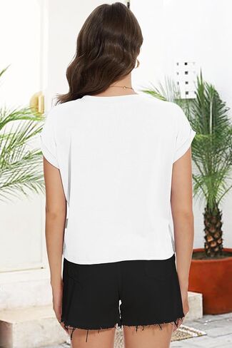 Summer Short Sleeve Crop Tops Womens Crewneck Roll Cap Sleeve T Shirts Loose Fit Basic Tees in Saudi Arabia