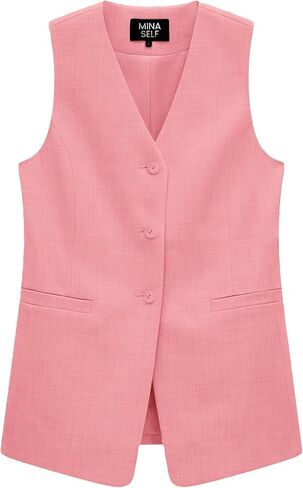 2024 Summer Long Linen Vest Blazer Y2K V-Neck Lightweight Fashion Casual Button Fully Lined Jackets Tops with Pockets in Kuwait