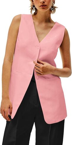 2024 Summer Long Linen Vest Blazer Y2K V-Neck Lightweight Fashion Casual Button Fully Lined Jackets Tops with Pockets in Kuwait