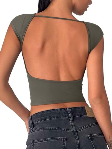 REORIA Women's Sexy Backless Going Out Crop Tops Double Lined T Shirts Open Back Y2k Trendy Crop Tops in Saudi Arabia