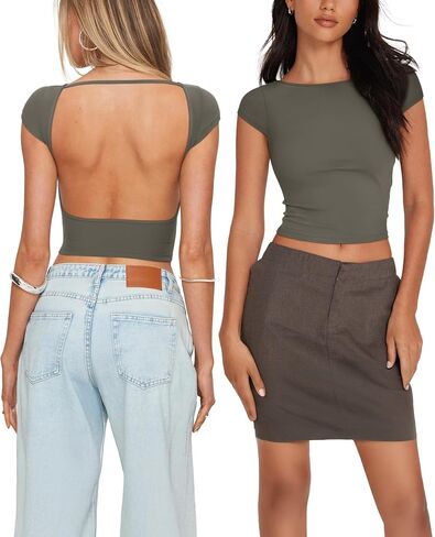 REORIA Women's Sexy Backless Going Out Crop Tops Double Lined T Shirts Open Back Y2k Trendy Crop Tops in Saudi Arabia