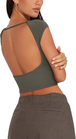 REORIA Women's Sexy Backless Going Out Crop Tops Double Lined T Shirts Open Back Y2k Trendy Crop Tops in Saudi Arabia