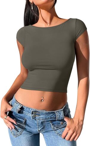 REORIA Women's Sexy Backless Going Out Crop Tops Double Lined T Shirts Open Back Y2k Trendy Crop Tops in Saudi Arabia