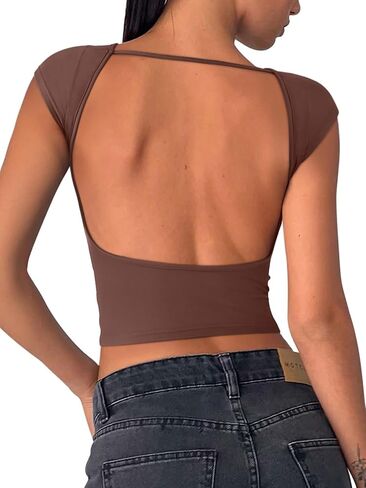 REORIA Women's Sexy Backless Going Out Crop Tops Double Lined T Shirts Open Back Y2k Trendy Crop Tops in Saudi Arabia
