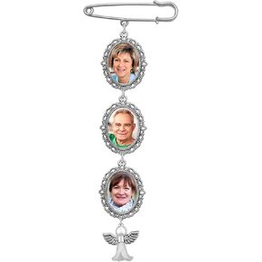 Wedding Boutonniere Angel Photo Charm Pin Brooch Cascading Triple Frame for Mother of Bride or Groom or Flower Bouquet