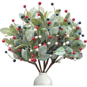 TEMPUS 10Pcs Artificial Red, White and Blue Berries Stems with Lambs Leaves 4th of July Independence Day Stems Patriotic Decorations Memorial Day Flag Day Floral Arrangement Table Centerpieces