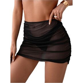 Women's Mesh Sheer High Waisted Bikini Cover Up Summer Swimsuits Bottoms Ruched Beach Skirts