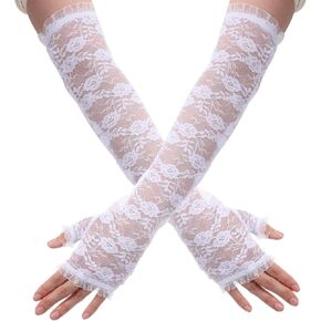 Long Lace Fingerless White Gloves Women, Elbow Length Gloves for Christmas Weddings Bride Operas Concerts Banquets Dances Church Parties Halloween Easter Celebration