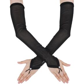 Bremorou Sheer Black Gloves Women's Long Fingerless Sheer Glove Elegant Black Mesh Long Tulle Gloves For Bridal Wedding Opera And Costume Parties For Formal Occasions And 1920s Themed Events