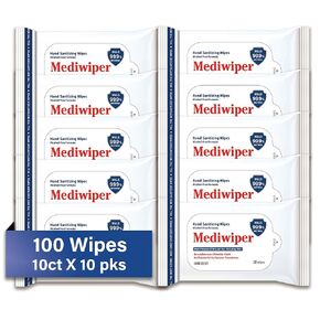 Mediwiper مناديل مبللة منعشة مضادة للبكتيريا خالية من الكحول حجم السفر | مناديل معقمة للسفر | 20 قطعة، 100 قطعة