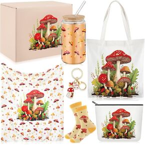 Paterr 6 Pcs Mushroom Themed Gifts for Women Canvas Tote Bag Makeup Bag Print Blanket Socks 16oz Glass Coffee Cup with Straw Cute Keychain For Christmas Birthday Friends Girls Daughters Sister