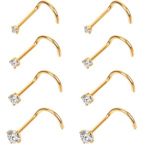 8pcs الأزرار ثقب الأنف ، المسمار أنف من الفولاذ المقاوم للصدأ 20g corkscrew مجوهرات على شكل L مع حلقات أنف الفضة من الزركونيا البيضاء