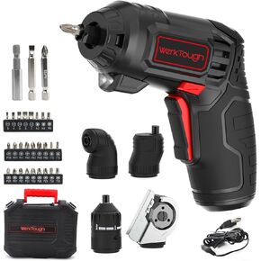 Werktough Multi Tools Cordless Screwdriver 4V Drill Driver Torque Screwdriver 10Nm 4 Changeable Heads for Cutting 90°Conversion Eccentric and Torque Adjustable 1H Quick Charger USB in Blow Mould Case