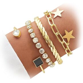 17IF 4 PCS BANGLE BANGLE BACLEALT للنساء ، و DAINTY 14K مكتنزة مجوهرات الكفة يدوي مجموعة سحر ملحقات مكدس الارتباط معصم قابلة للتعديل للزي الجمالي