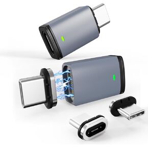 محول مغناطيسي USB C بقوة 100 وات، قطعتان محول USB C مغناطيسي 11 دبوسًا مع شحن سريع PD، نقل بيانات بسرعة 480 ميجا بت في الثانية لأجهزة MacBook Pro/Air، أجهزة من النوع C (مستقيم، محولان، 4 مقابس)