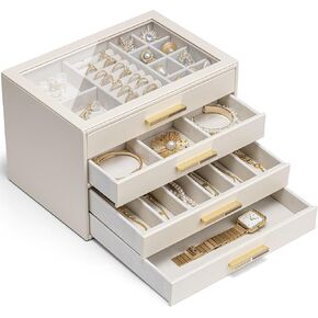 Vlando Jewelry Box for Women Girls,Jewelry Organzier,5 Drawers,Glass Lid Jewelry Organizer Storage for Gem Diamond Necklaces Rings Earrings Bracelets White