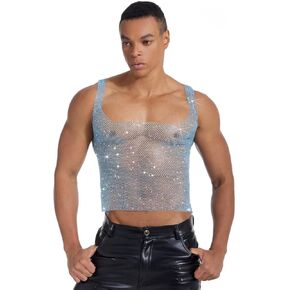 Rhinestone Crop Tank Top, Rave Outfits Women Men, Sexy Club Party Sparkly Sleeveless Fishnet Tanks, Sheer Mesh Shirt Top