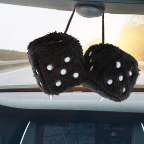 Sibba Fuzzy Plush Dice for Car Mirror, Pair 2.4" Black Dice with White Dots, Retro Square Decoration Dice for Car Hanging Accessories(Black)