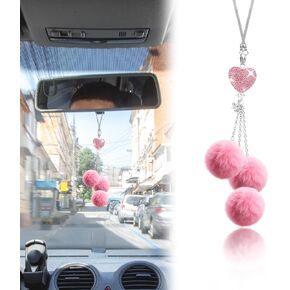 Pink Bling Car Accessories for Women, Girly Crystal Car Rearview Mirror Decor, Cute Rhinestones Diamond Love Heart with Fuzzy Plush Ball