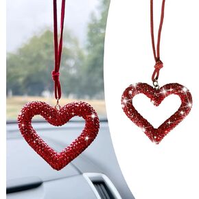 Bling Heart Car Mirror Decor Hanging, Crystal Rhinestone Rear View Mirror Hanging, Rear View Mirror Charm Pendant Ornaments, Car Accessories for Women (Black)
