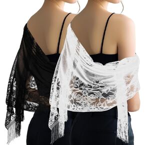 2pcs Black and White Lace Shawl Evening Dresses Shawls Sheer Scarfs with Tassels for Women Wedding Formal Party