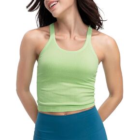 Seamless Ribbed Workout Racerback Tank Tops with Built in Bra for Women Apple-Green S