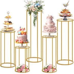 Hicarer 5 Pcs Cylinder Pedestal Stands for Party Gold Metal Tall Cylinder Stands Cake Tables Round Vases Display Columns for Weddings Party Birthday Backdrop Decorations, Acrylic Top Plate