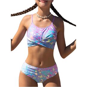 OYOANGLE Girl's 2 Piece Swimwear Printed Twist Front Cut Out Spaghetti Strap Bikini Set