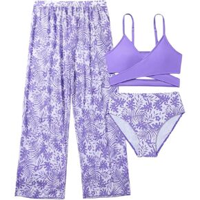 Verdusa Girl's 3 Piece Floral Bikini Sets Criss Cross Swimsuit Bathing Suits with Cover Up Pants