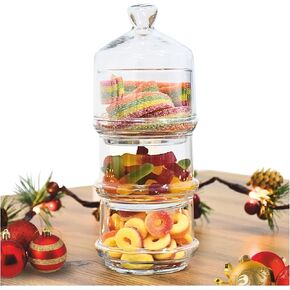 ums 3-Tier Mini Decorative Round Lid Glass Storage Jars, Sweets Mini Snack Storage Box - Clear Apothecary Jars - Storage Container & Organizer for Food, Candy, Biscuits, Cookies