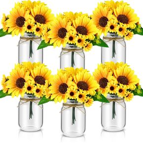 6 Set Mason Jar Table Centerpiece with Flower Mason Jar Wedding Centerpieces for Tables Boho Rustic Vases Decor for Reception Engagement Party Bridal Shower Wedding (Sunflower)
