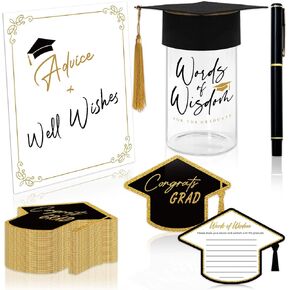 104 Pcs 2025 Graduation Gifts Memory Jar Advice& Wishes Guest Book Cards Graduate Favors Words of Wisdom Glass Bottle Felt Cap Ballpoint Pen for College Congrats Grad Party Decorations