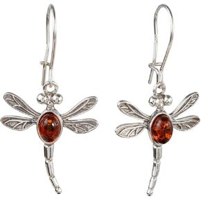 Sterling Silver and Baltic Honey Amber Kidney Hook Dragonfly Earrings